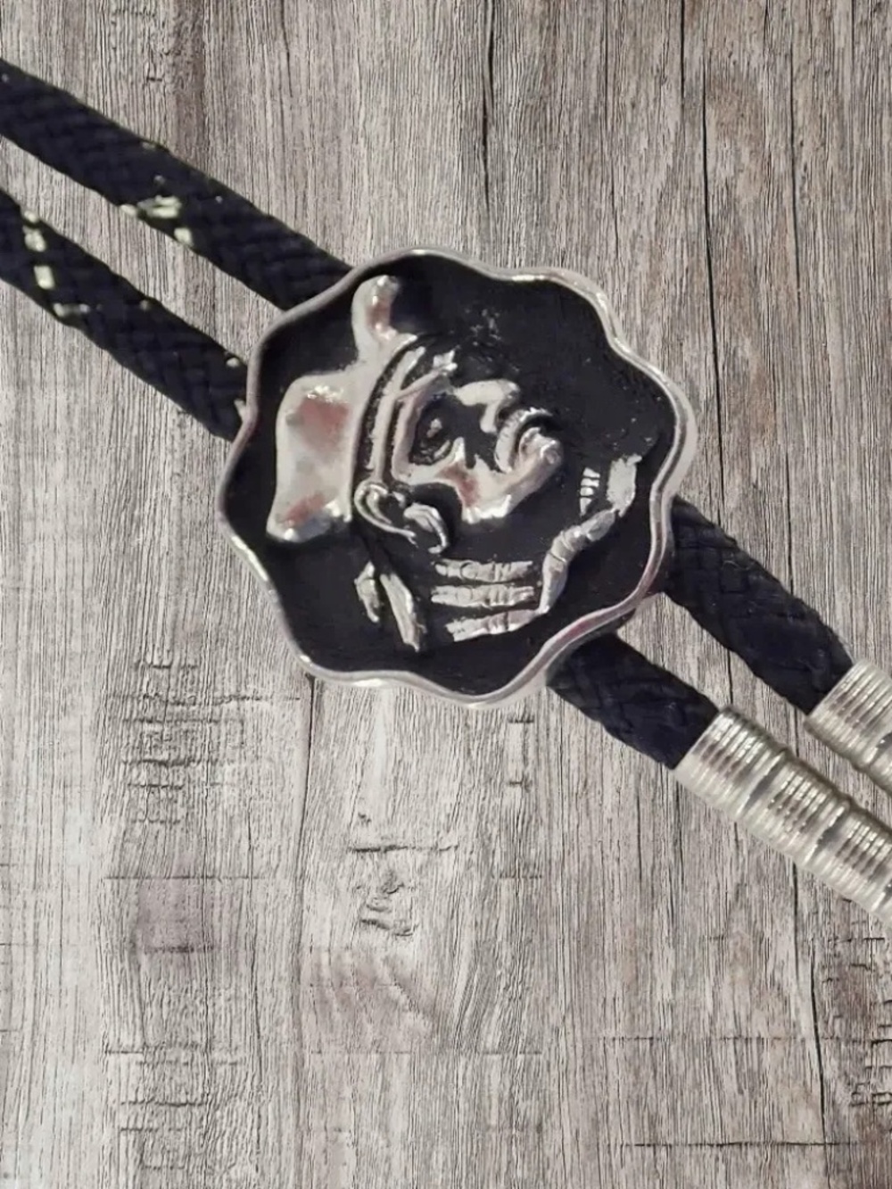 Pirate Booty Bolo Neck Tie Western Cowboy Black & Silver Tone Mint Condition